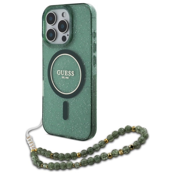 Husa Guess IML Glitter cu Pearl Curea Magsafe pentru iPhone 16 Pro Max - Verde