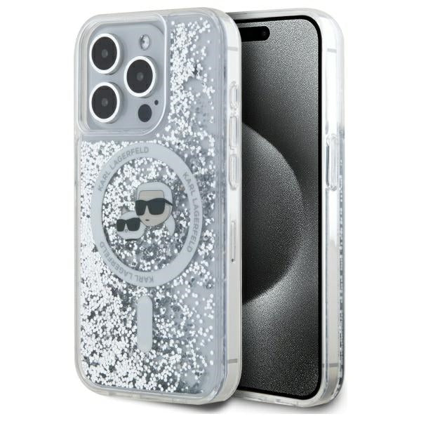 Husa Karl Lagerfeld Liquid Glitter Karl & Choupette Head Magsafe iPhone 15 Pro - Transparent