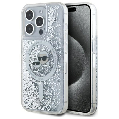 Husa Karl Lagerfeld Liquid Glitter Karl & Choupette Head Magsafe iPhone 15 Pro - Transparent