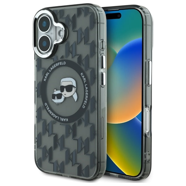 Husa Karl Lagerfeld IML Monogram Karl & Choupette Head Magsafe iPhone 16 - Negru
