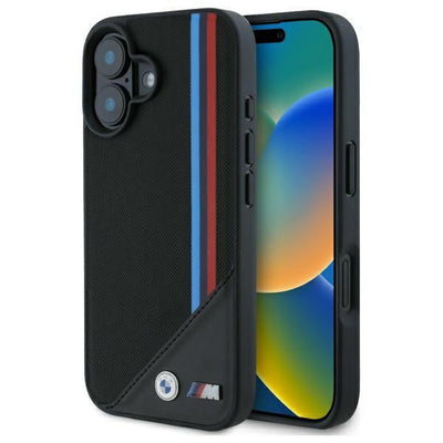 Husa BMW M Meshed Tricolor Stripes Magsafe pentru iPhone 16 - Negru