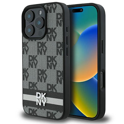 Husa Dkny Checkered Pattern & Printed Stripes pentru iPhone 16 Pro - Negru