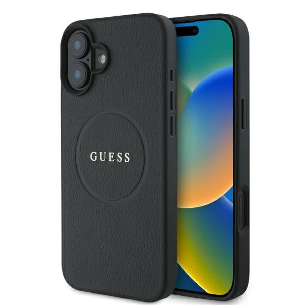Husa Guess Grained Auriu Ring Magsafe pentru iPhone 16 - Negru