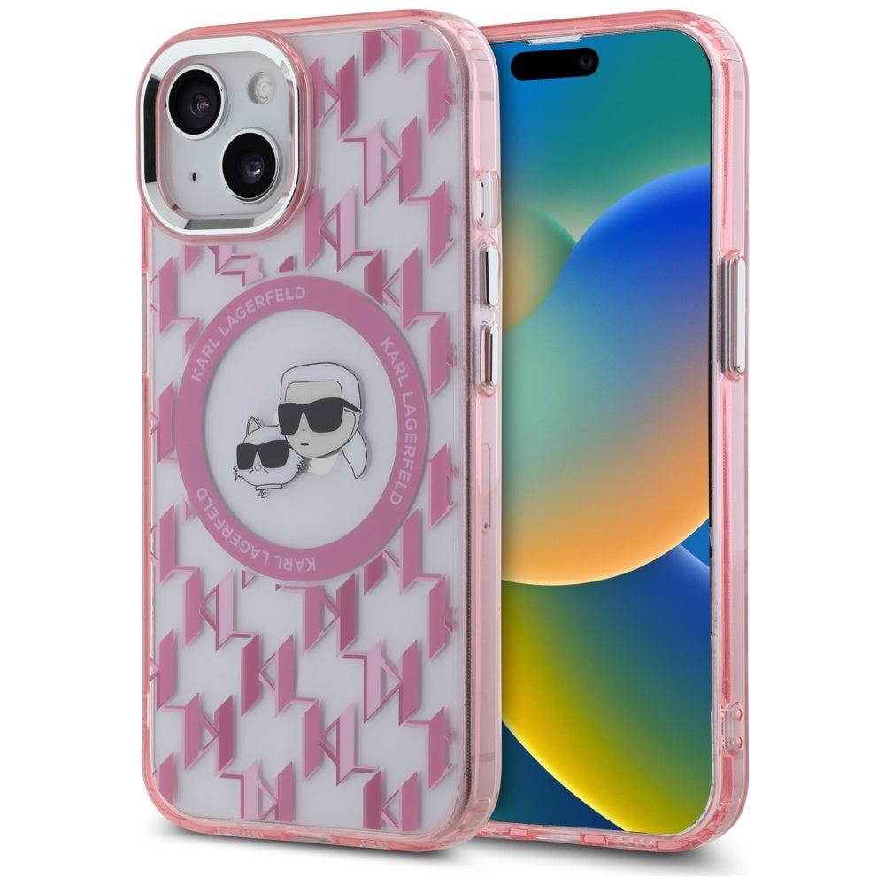 Husa Karl Lagerfeld IML Monogram Karl & Choupette Head Magsafe iPhone 15 Plus - Roz