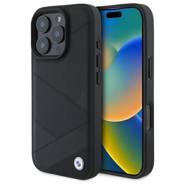 Husa BMW Sign Leather Crossing Lines Pattern iPhone 16 Pro Max - Negru