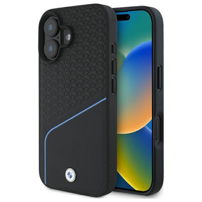 Husa BMW Sign Leather Textured And Line Magsafe iPhone 16 - Negru