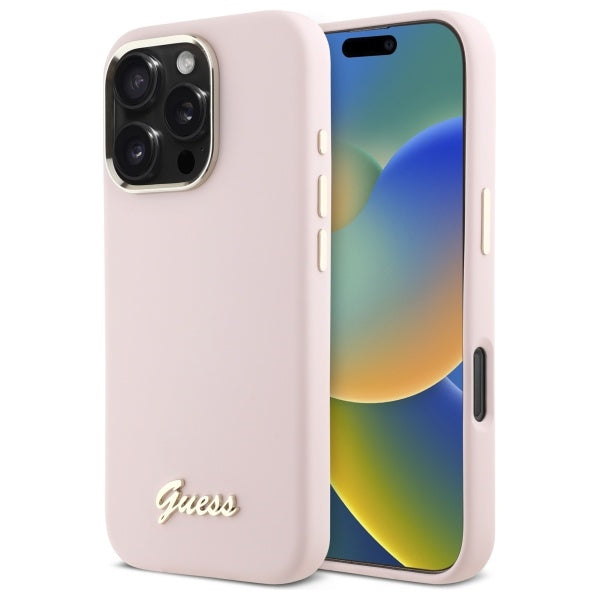 Husa Guess Silicone Script Metal Logo & Frame iPhone 16 Pro - Roz