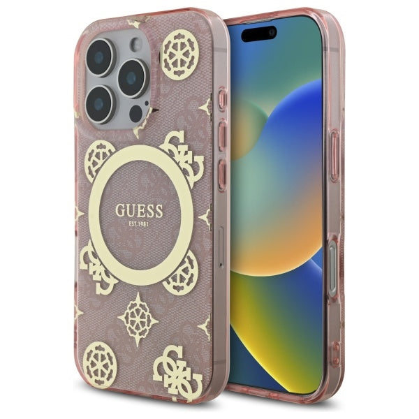 Husa Guess IML Peony On 4G Background Magsafe pentru iPhone 16 Pro - Roz