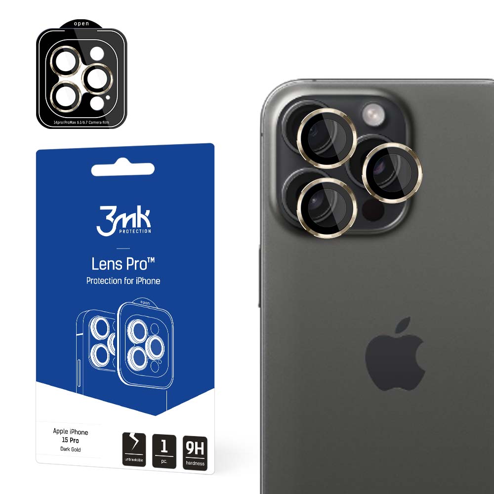 Folie 3mk lentila Protection Pro Camera Husa cu Auriu Frame pentru iPhone 15 Pro
