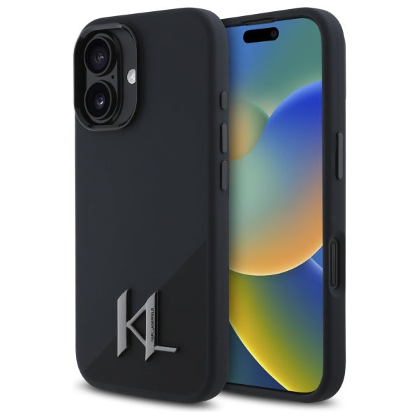 Husa Karl Lagerfeld Silicone Shadow Metal Initial Magsafe iPhone 16 - Negru