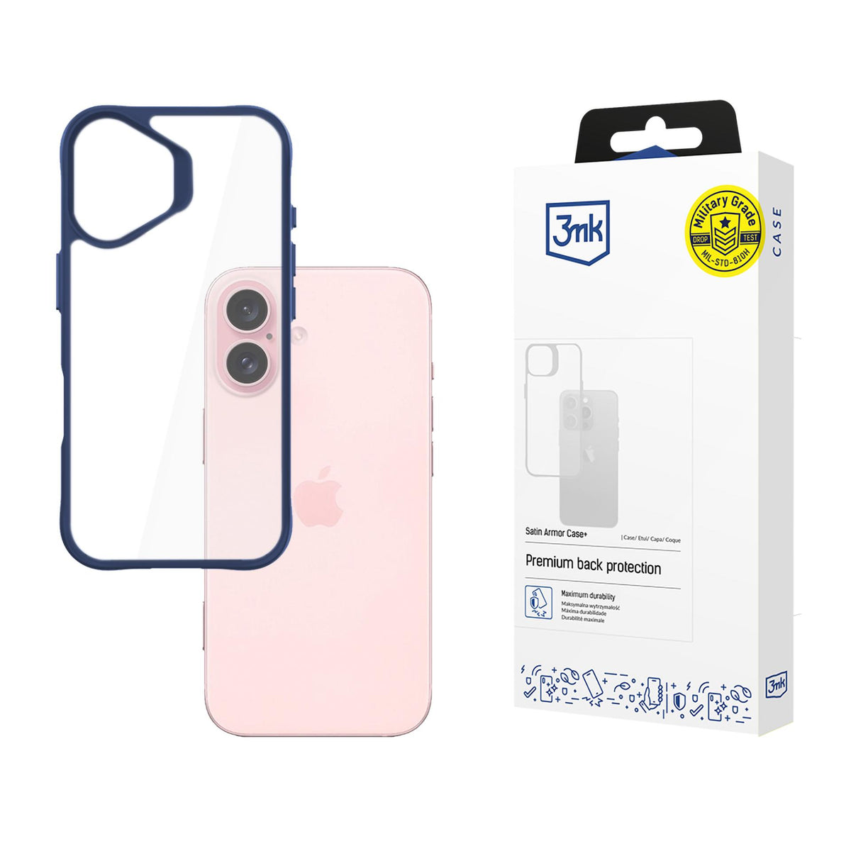 Husa 3mk Satin Armor + Albastru pentru Apple iPhone 16 - Transparent