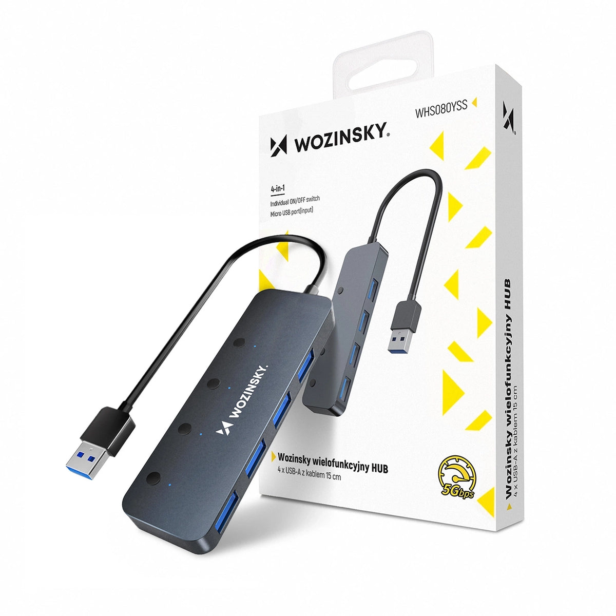 Cablu Usb-a Hub Wozinsky Whs080yss 4 X Usb-a 3.0 cu Individual Switches, Aluminum, cu 30 Cm - Gri