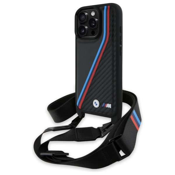 Husa BMW M Edition Carbon Tricolor Lines & Curea pentru iPhone 16 Pro - Negru
