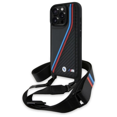 Husa BMW M Edition Carbon Tricolor Lines & Curea pentru iPhone 16 Pro Max - Negru