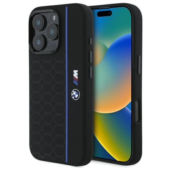 Husa BMW Silicone Hexagon Albastru Line Magsafe iPhone 16 Pro - Negru