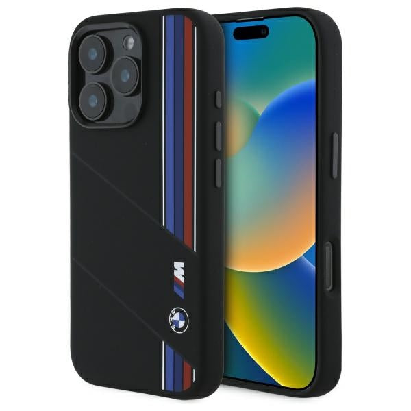 Husa BMW Silicone Cut Tricolor Lines Magsafe pentru iPhone 16 Pro Max - Negru