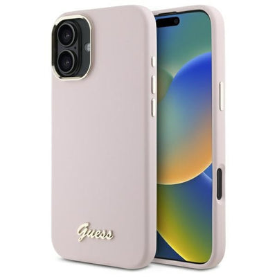 Husa Guess Silicone Script Metal Logo & Frame iPhone 16 - Roz
