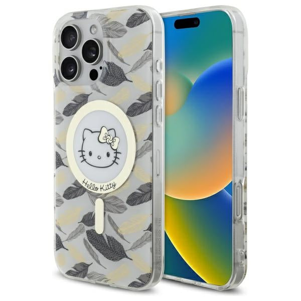 Husa Hello Kitty IML Golden Leaves Magsafe pentru iPhone 16 Pro Max - Alb