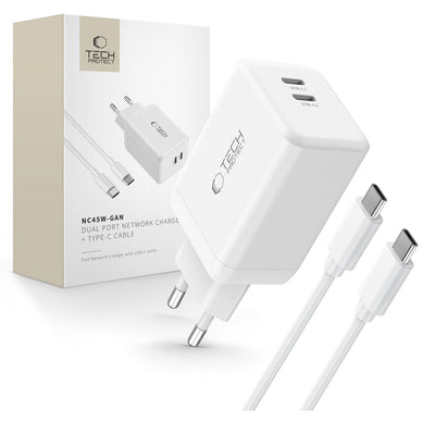 Cablu Tech-protect Nc45w-gan 2-PORT Pd45w Incarcator + Type-c - Alb