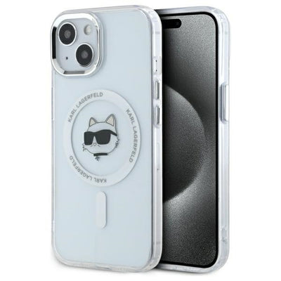 Husa Karl Lagerfeld IML Metal Choupette Head Magsafe iPhone 15 Plus - Alb