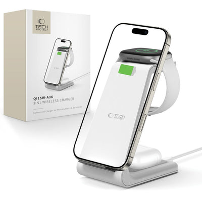 Incarcator priza Tech-protect Qi15w-a36 3in1 Charging Station pentru Apple - Alb