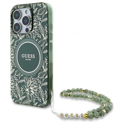 Husa Guess IML Flowers Allover Electro cu Pearl Curea Magsafe pentru iPhone 16 Pro Max - Verde