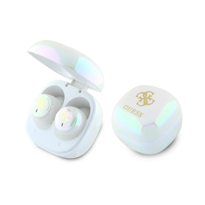 Casti Guess Bluetooth TWS + Docking Station Alb/Alb Iridescent 4G Printed Logo