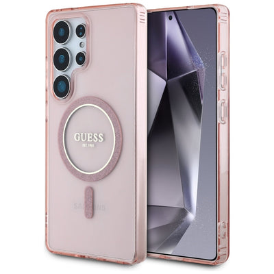 Husa Guess Glitter Circle Classic Logo Magsafe pentru Samsung Galaxy S25 Ultra - Roz