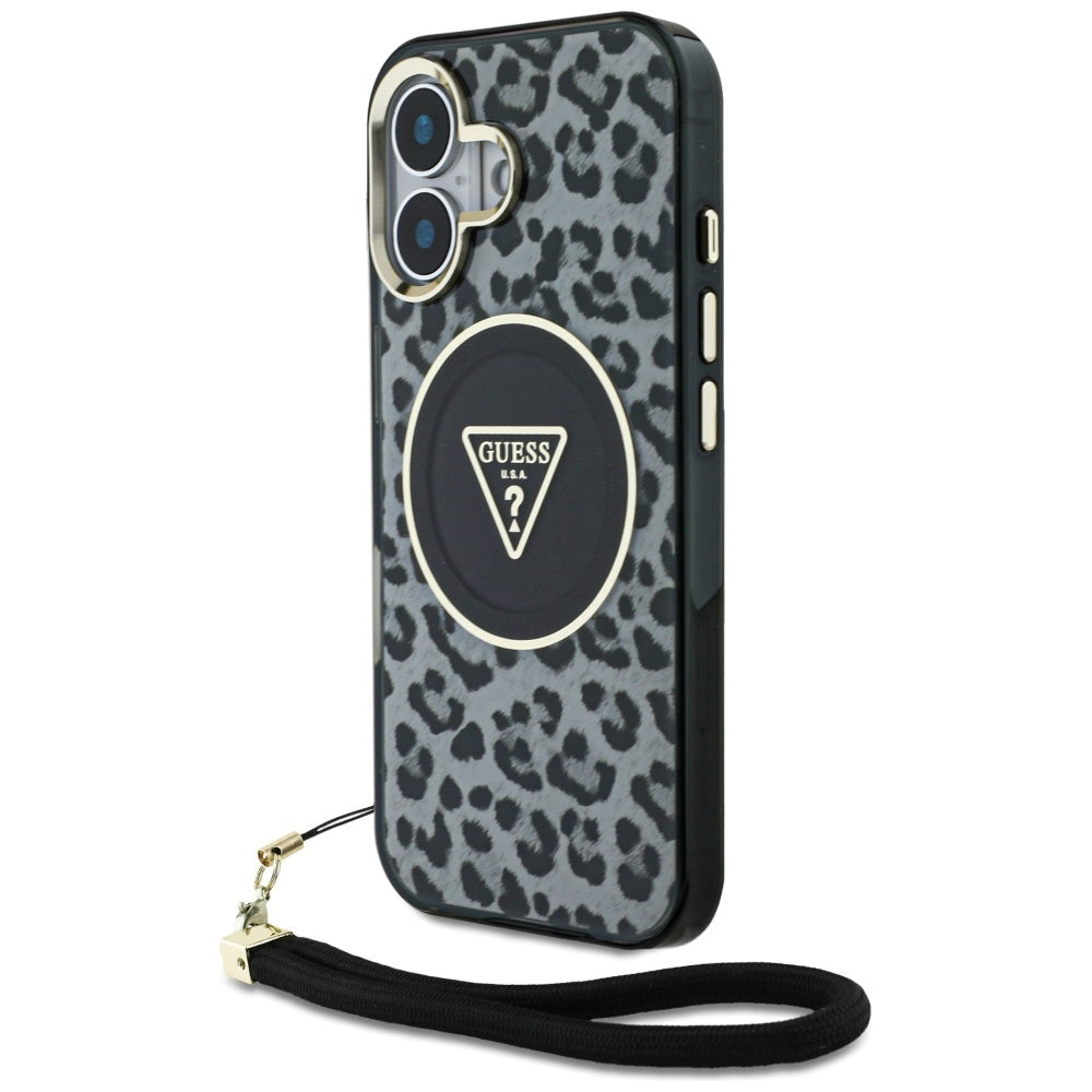 Husa Guess HC IML Leopard Triangle Cord Curea Magsafe pentru iPhone 16 - Negru