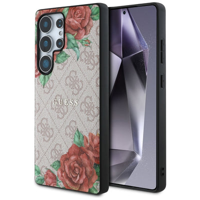 Husa Guess Leather 4G Flowers Print Metal Classic Logo Magsafe pentru Samsung Galaxy S25 Ultra - Roz