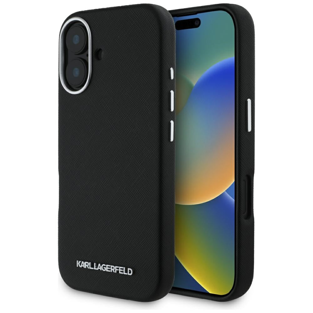 Husa Karl Lagerfeld Saffiano Full Wrapped Elongated Metal Logo Magsafe pentru iPhone 16 - Negru