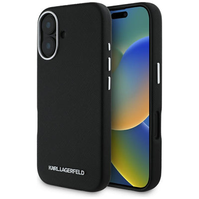 Husa Karl Lagerfeld Saffiano Full Wrapped Elongated Metal Logo Magsafe pentru iPhone 16 - Negru