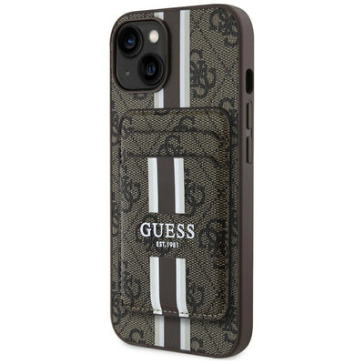Husa Guess 4G Stripes cu Magsafe Wallet pentru iPhone 15 Maro