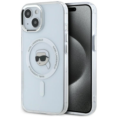 Husa Karl Lagerfeld IML Metal Karl Head Magsafe pentru iPhone 15 Alb