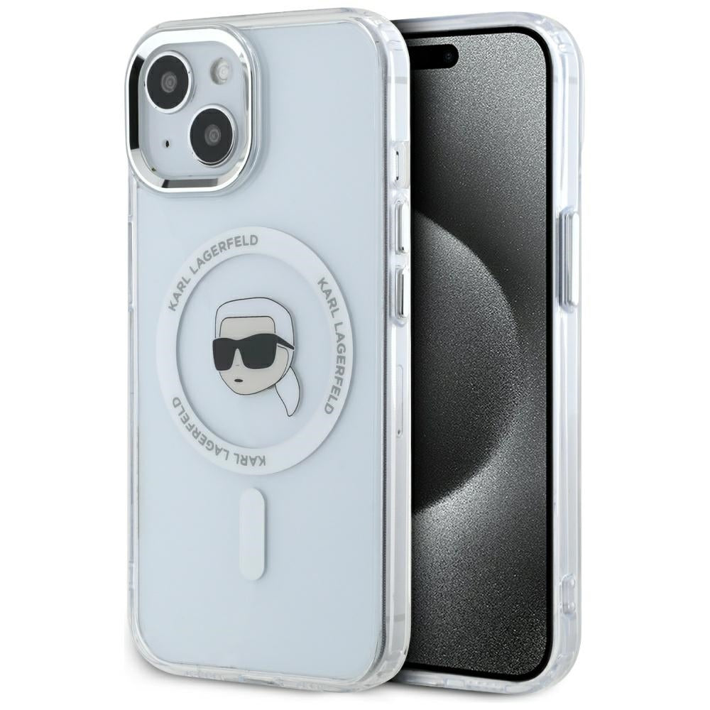 Husa Karl Lagerfeld IML Metal Karl Head Magsafe pentru iPhone 15 Plus Alb