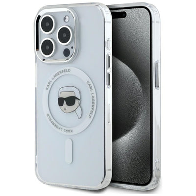 Husa Karl Lagerfeld IML Metal Karl Head Magsafe pentru iPhone 15 Pro Alb