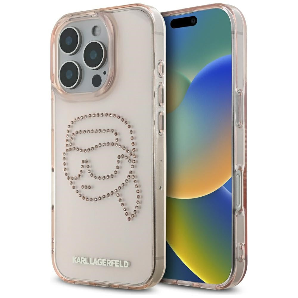 Husa Karl Lagerfeld IML Rhinestones Karl Head pentru iPhone 16 Pro Roz