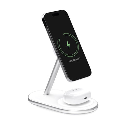 Incarcator priza 2in1 Puro Mag Station Wireless Charging Station pentru Phone And Casti - Alb
