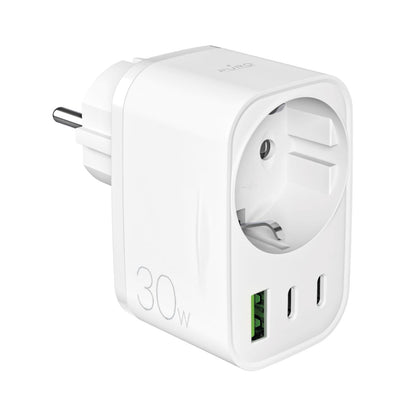 Incarcator Puro 30W Power Delivery cu Schuko Plug And Socket 2x Usb-c + 1x Usb-a - Alb
