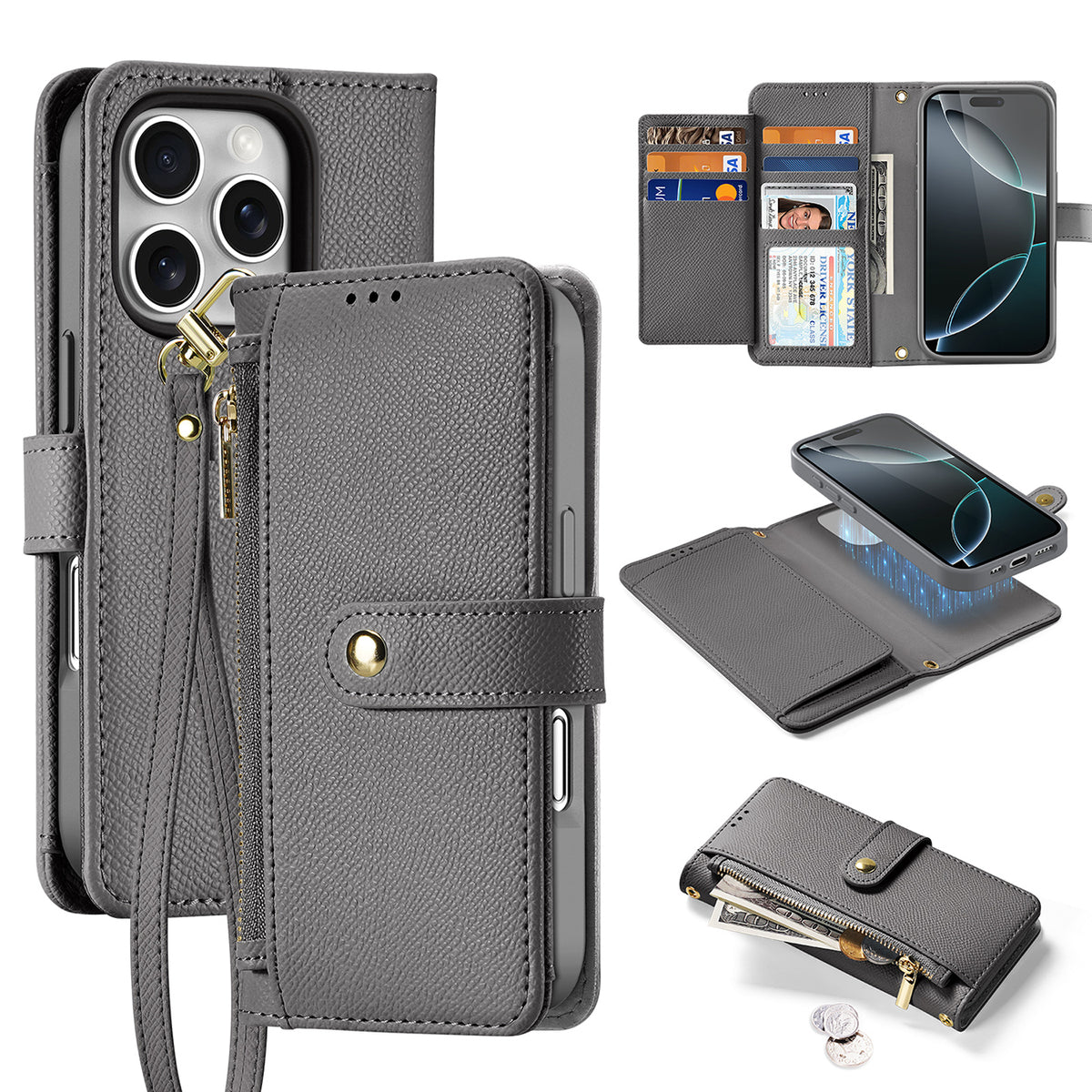Husa Dux Ducis Lawa iPhone 16 Pro Leather cu Detachable Magnetic Wallet - Gri