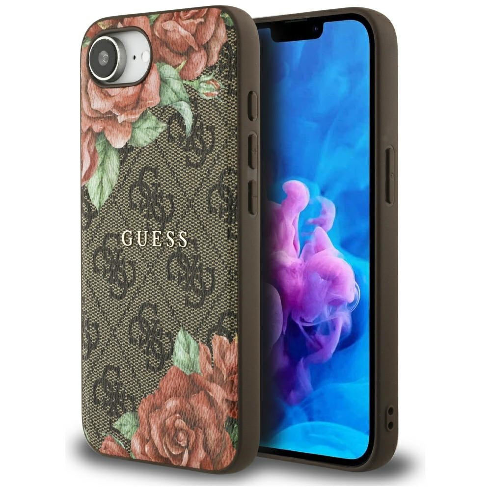 Husa Guess 4G Flowers Print Magsafe pentru iPhone 16e - Maro