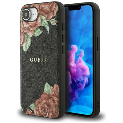 Husa Guess 4G Flowers Print Magsafe pentru iPhone 16e - Negru