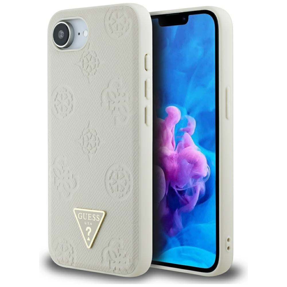 Husa Guess Grained Hot Stamp Peony Triangle Logo Magsafe pentru iPhone 16e - Bej