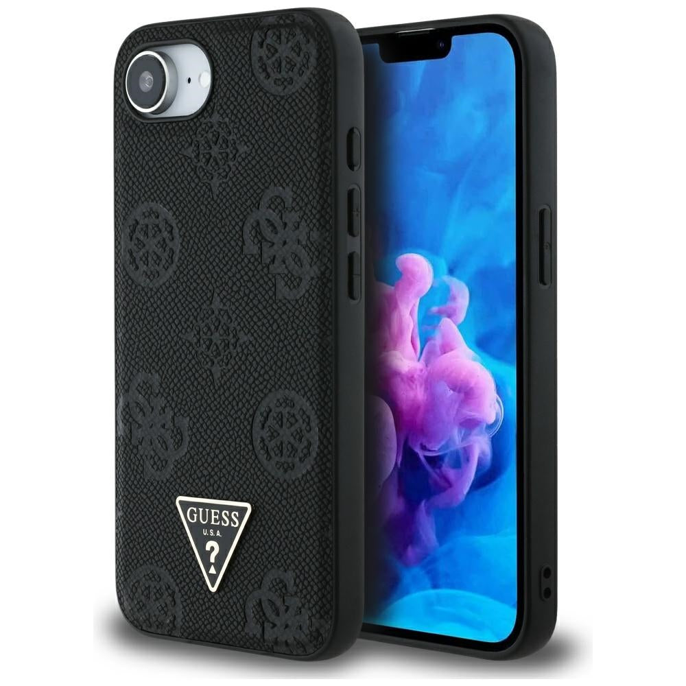 Husa Guess Grained Hot Stamp Peony Triangle Logo Magsafe pentru iPhone 16e - Negru