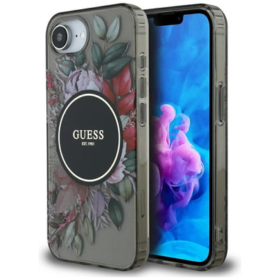 Husa Guess IML Flowers Magsafe iPhone 16e - Negru
