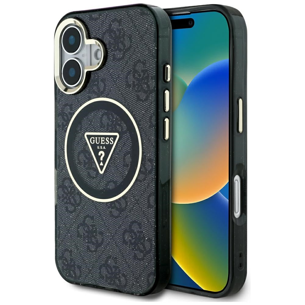 Husa Guess IML Metal Glitter 4G Circle Triangle Magsafe pentru iPhone 16 - Negru