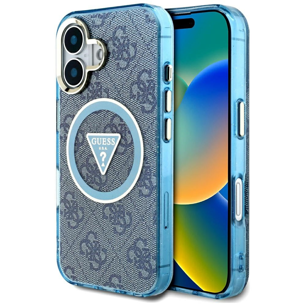 Husa Guess IML Metal Glitter 4G Circle Triangle Magsafe pentru iPhone 16 - Albastru