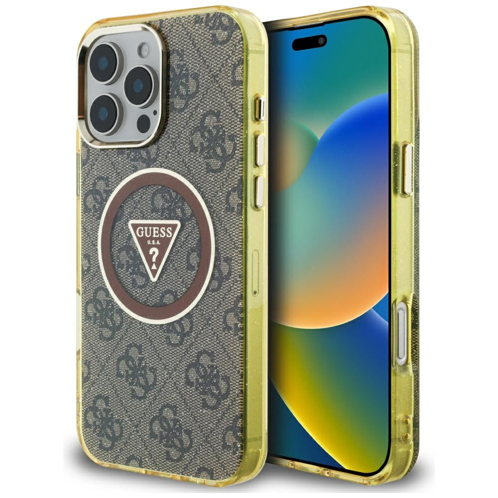 Husa Guess IML Metal Glitter 4G Circle Triangle Magsafe pentru iPhone 16 Pro Max - Maro