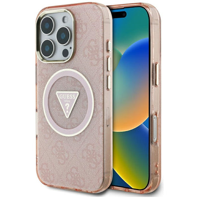 Husa Guess IML Metal Glitter 4G Circle Triangle Magsafe pentru iPhone 16 Pro Max - Roz