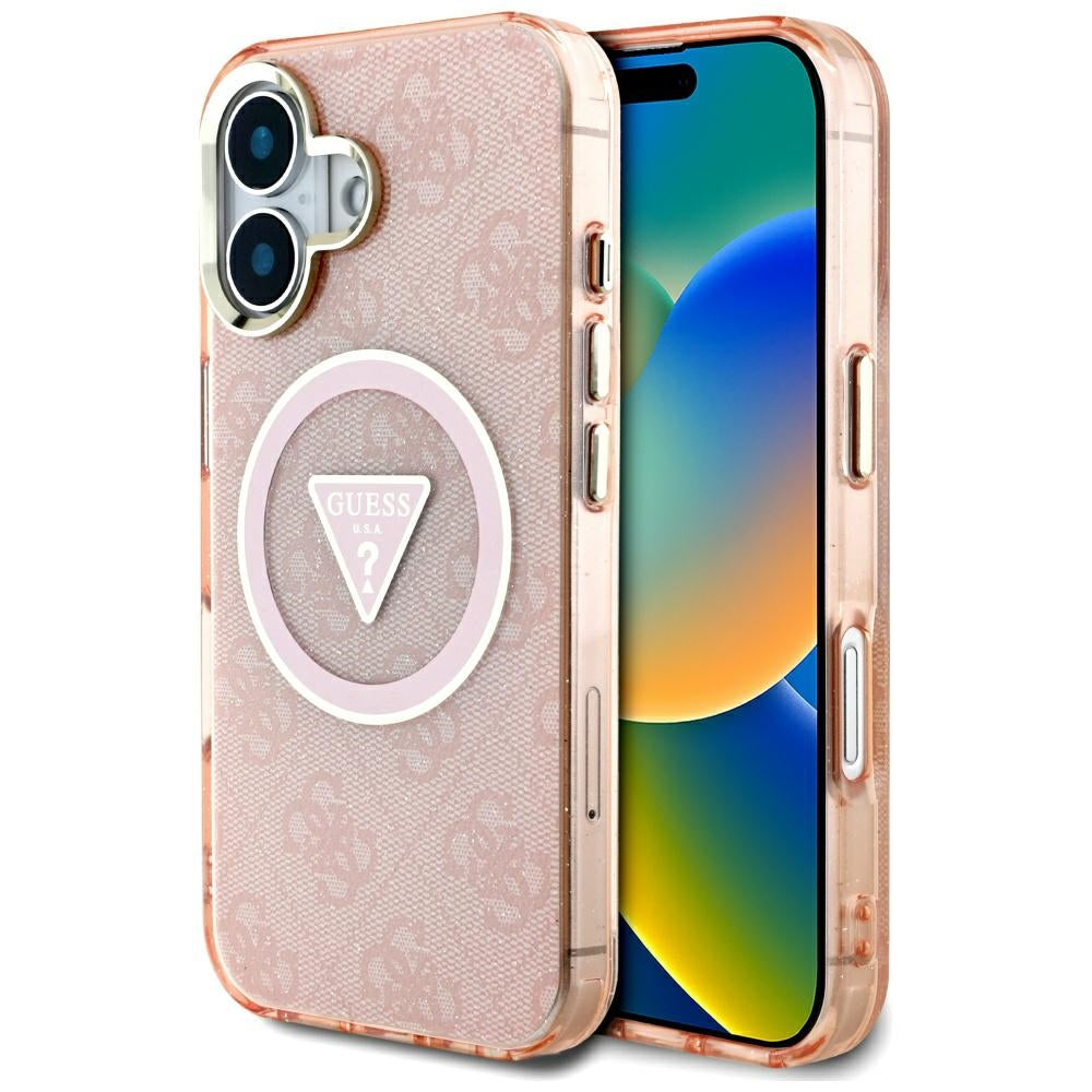Husa Guess IML Metal Glitter 4G Circle Triangle Magsafe pentru iPhone 16 - Roz